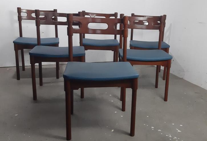 Set van 6 Mid Century Teakhouten Eetkamerstoelen, Huis en Inrichting, Stoelen, Gebruikt, Vijf, Zes of meer stoelen, Hout, Stof