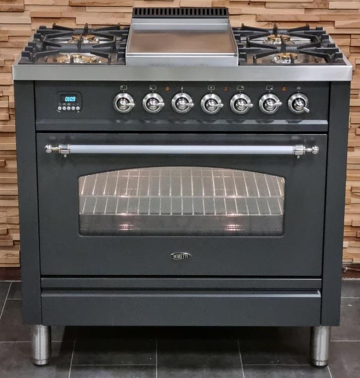 🔥Luxe Fornuis Boretti 90cm antraciet rvs GASOVEN frytop, Witgoed en Apparatuur, Fornuizen, Zo goed als nieuw, Vrijstaand, Gas