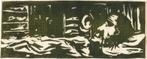Onbekende Maker linosnede "Liggende of Stervende Man", Antiek en Kunst, Kunst | Etsen en Gravures, Ophalen