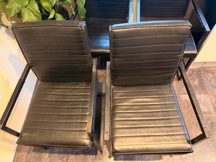 Zwarte Leren Eetkamerstoelen - Set van 4, Huis en Inrichting, Stoelen, Gebruikt, Vier, Metaal, Zwart, Ophalen
