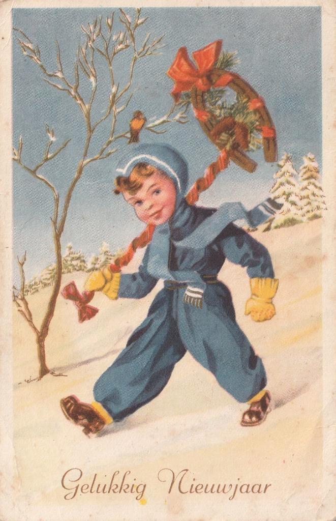 MEISJE KERST HOEFIJZER JAREN 50 ZEER MOOIE OUDE KAART KJ734, Verzamelen, Ansichtkaarten | Themakaarten, Gelopen, 1940 tot 1960