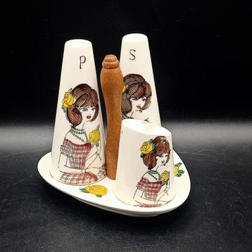 Vintage Menagère Peper Zout Mosterd Stel Meisje '50-'60 beschikbaar voor biedingen