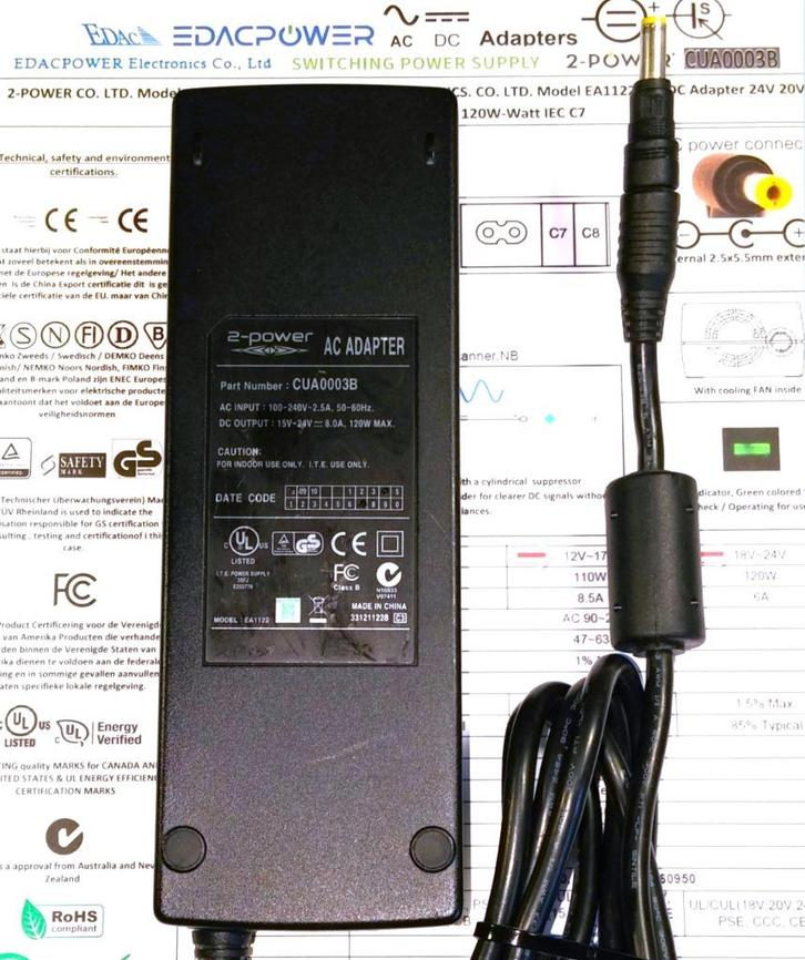 2-Power EDAC EA1122 19.5V 8A 20V 6A 24V 120W Adapter 2.5x5.5, Computers en Software, Laptop-opladers, Refurbished, Ophalen of Verzenden