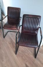 Vintage dik Lederen bruine  eetkamer stoel met armleuning, Ophalen, Gebruikt, Minder dan 75 cm, Vintage