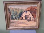 Vintage schilderij gesigneerd boerderij rieten dak, Ophalen of Verzenden