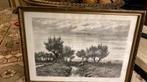 Steendruk (litho) met water,bomen en vee., Antiek en Kunst, Ophalen of Verzenden
