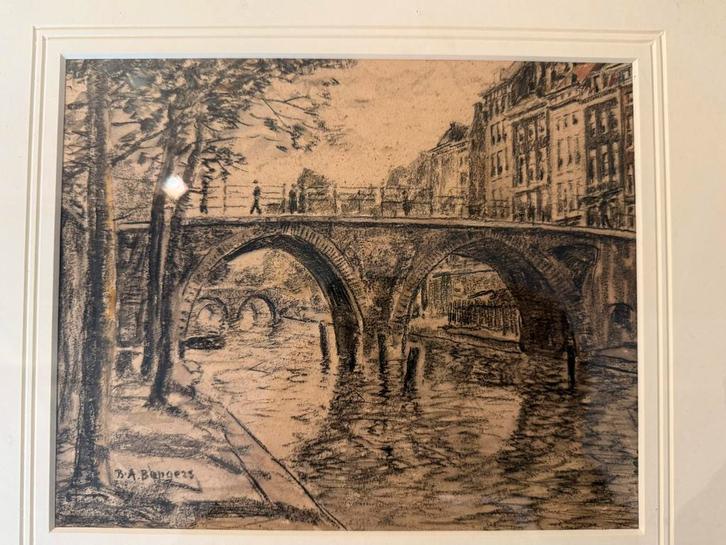 Amsterdamse stadsgezicht door B.A. Bongers, Antiek en Kunst, Kunst | Tekeningen en Foto's, Ophalen of Verzenden