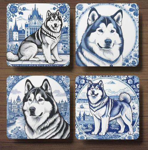 Malamute Delfts Blauw onderzetters met houder, Huis en Inrichting, Woonaccessoires | Onderzetters, Nieuw, Glas of Kopje, Ophalen of Verzenden