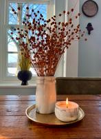 Wit marmer vaasje & waxinelichtje met bruine droogbloemtjes., Wit, Aardewerk of Porselein, Ophalen of Verzenden, Zo goed als nieuw