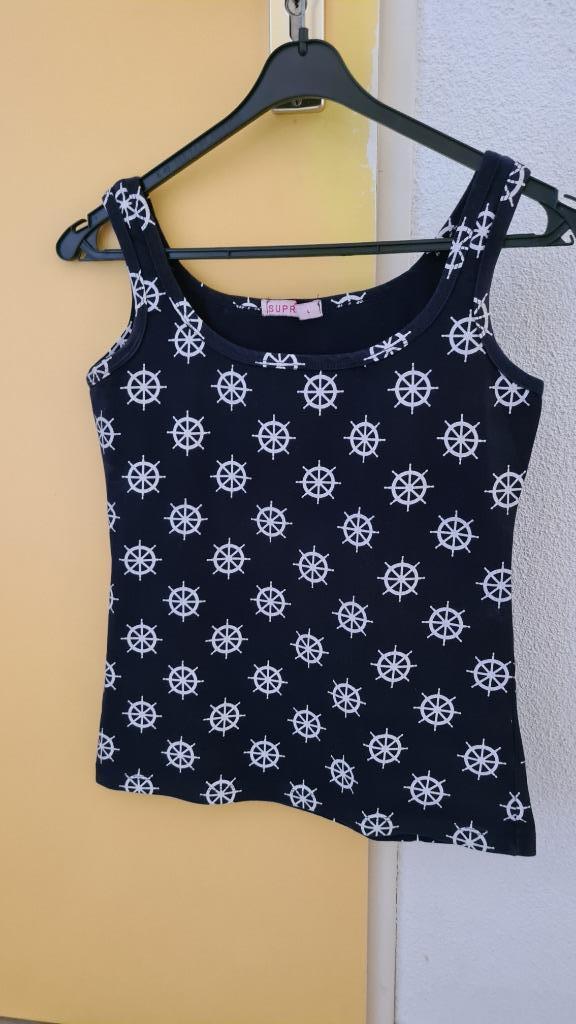Een mooi donkerblauw bedrukt topje mt S, Kleding | Dames, Tops, Zo goed als nieuw, Maat 36 (S), Blauw, Zonder mouw, Ophalen of Verzenden