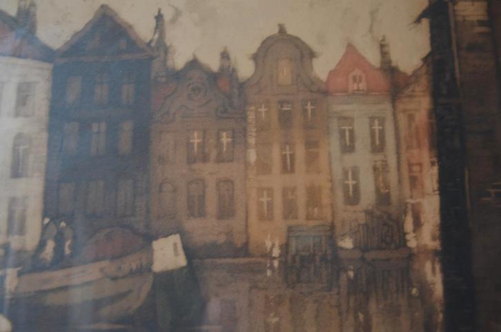 Grote kleurenets Grachtenpanden Brugge Julien v. Santen, Antiek en Kunst, Kunst | Etsen en Gravures, Ophalen of Verzenden