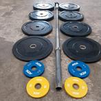 Olympische Bumper Plates Set + Barbell 220cm 20kg, Ophalen, Zo goed als nieuw