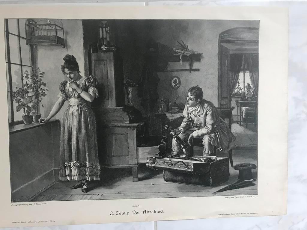 C. Zewy: Der Abschied, or. gravure, 1895, 32x23cm., mooi!, Antiek en Kunst, Kunst | Etsen en Gravures, Ophalen of Verzenden