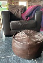 Vintage Ronde Bruine Leren Poef, Ophalen of Verzenden, Rond