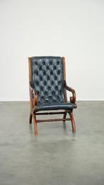 Sierlijke donkerblauwe rundleren chesterfield fauteuil, Ophalen, Gebruikt, Chesterfield, Klassiek, Engels, 50 tot 75 cm