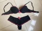 H&M zwart roze kant  push up bh 80A broekje L, H&M, Ophalen of Verzenden, Setje, Zwart