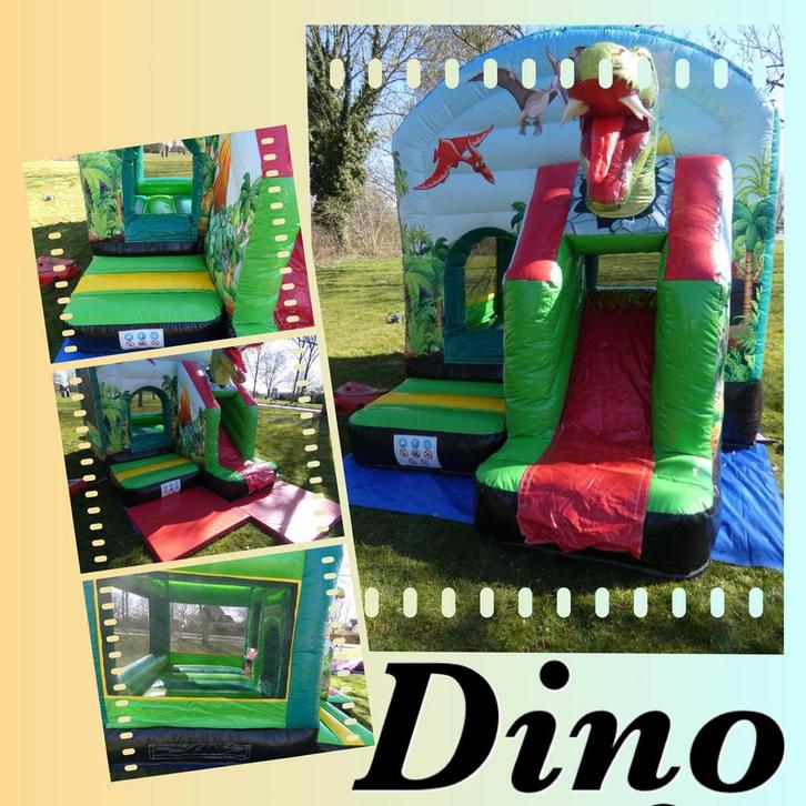 Springkussen Dino met glijbaan te huur, Hobby en Vrije tijd, Feestartikelen | Verhuur, Zo goed als nieuw, Overige, Ophalen