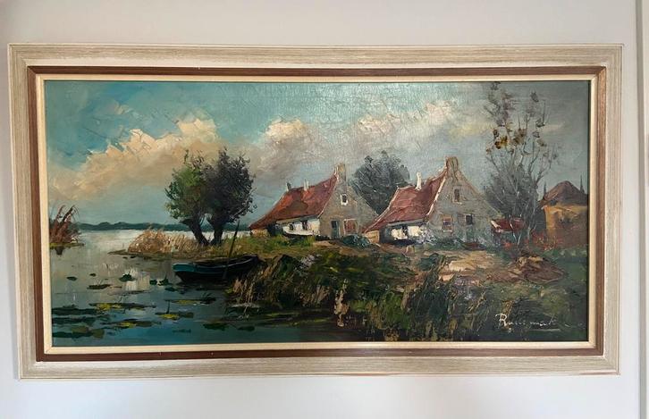 Fries/Drents boerderij aan de vaart., Antiek en Kunst, Kunst | Schilderijen | Klassiek, Ophalen of Verzenden