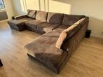 Bruine U-vormige bank met longchair - 380cm breed, Huis en Inrichting, Ophalen, Gebruikt, Stof