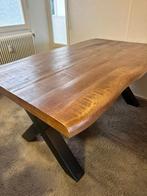Haco houten tafel met stalen onderstel + 4 stoelen, Overige houtsoorten, Gebruikt, 100 tot 150 cm, Ophalen of Verzenden