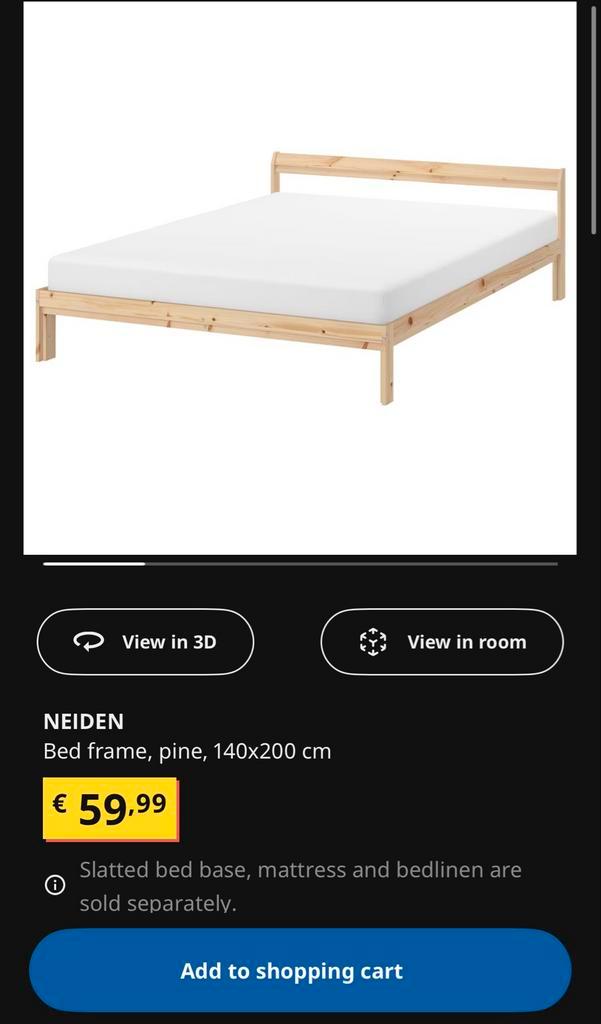 Ikea Neiden bedframe met matras, Huis en Inrichting, Slaapkamer | Bedden, Gebruikt, Tweepersoons, 140 cm, 200 cm, Hout, Overige kleuren