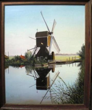 RIJNLAND * OLIEVERF OP LINNEN * Fraaie Molen *  beschikbaar voor biedingen