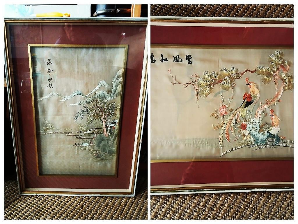 Ingelijst chinees borduurwerk zijde landschap paradijsvogels, Antiek en Kunst, Ophalen