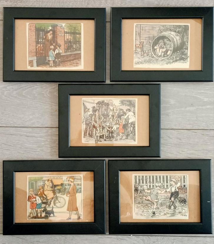 Vintage Ot en Sien Prenten - Set van 5 Ingelijst, Antiek en Kunst, Kunst | Tekeningen en Foto's, Ophalen of Verzenden