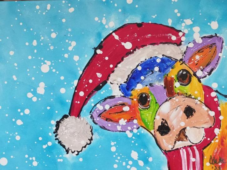 Schilderij met kleurrijke kerstkoe, Huis en Inrichting, Woonaccessoires | Schilderijen, Tekeningen en Foto's, Nieuw, Schilderij