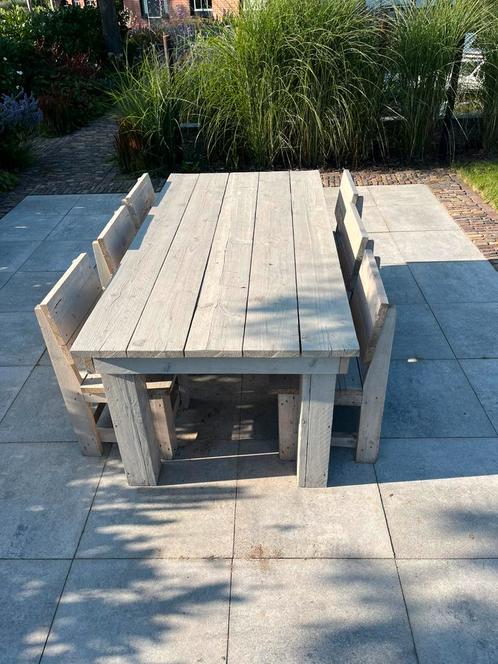 Steigerhouten robuuste tuinset met 6 stoelen, Tuin en Terras, Tuinsets en Loungesets, Zo goed als nieuw, Tuinset, Steigerhout