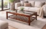 Luxe salontafel met glazen blad en houten frame –zeer netjes, 100 tot 150 cm, Minder dan 50 cm, Rechthoekig, 50 tot 100 cm