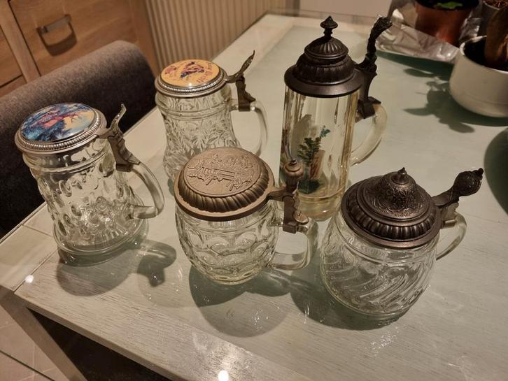 Collectie van 5 antieke bierpullen met tinnen deksel, Antiek en Kunst, Antiek | Glas en Kristal, Ophalen of Verzenden