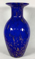 Murano Vintage design glazen vaas blauw met koper vlokken, Ophalen of Verzenden