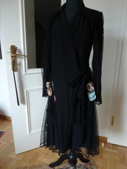 Sonia Rykiel couture jurk, zwarte satijnzijde, gaas, bloemen, Kleding | Dames, Jurken, Zo goed als nieuw, Maat 38/40 (M), Zwart