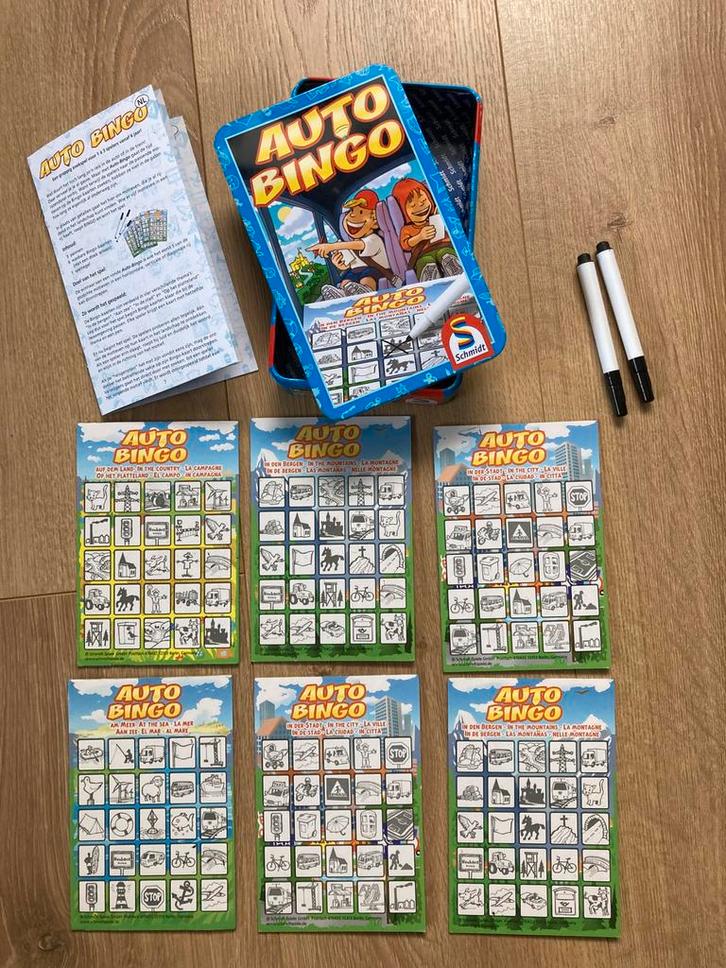 Autobingo (reisspel in blik), Hobby en Vrije tijd, Gezelschapsspellen | Overige, Gebruikt, Drie of vier spelers, Ophalen of Verzenden