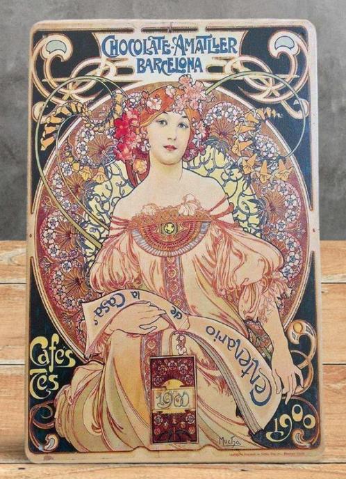 ALPHONSE MUCHA Chocolade Reclame Metalen Wandbord Poster, Huis en Inrichting, Woonaccessoires | Wanddecoraties, Nieuw, Verzenden