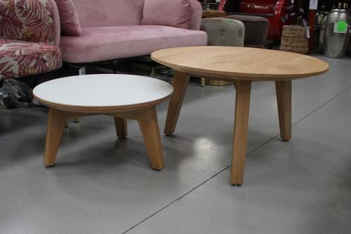 2 mooie ronde salontafels hout & wit Deens Scandinavisch, Huis en Inrichting, Woonaccessoires | Overige, Zo goed als nieuw, Ophalen