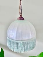 Vintage parelmoer turquoise franje lampenkap hanglamp, Ophalen of Verzenden, Gebruikt, Glas