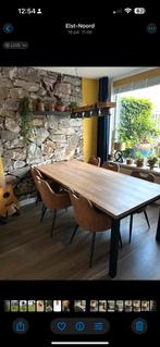 Masief eiken tafel met stoelen en lamp tekoop, Huis en Inrichting, Tafels | Eettafels, 200 cm of meer, Zo goed als nieuw, Rechthoekig