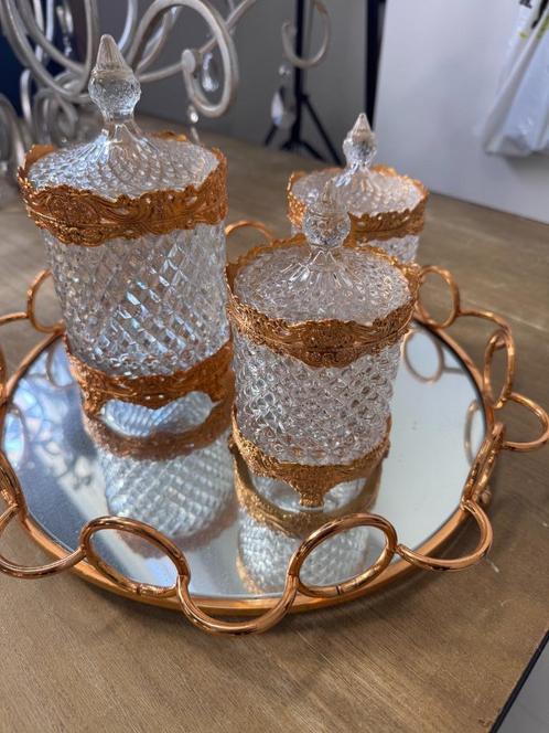 Spiegel dienblad met 3 kristallen potjes en goudkleurige afw, Huis en Inrichting, Woonaccessoires | Dienbladen, Nieuw, Ophalen