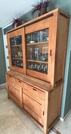 Teak houten vitrine/buffet kast met donkere accenten, Huis en Inrichting, Kasten | Vitrinekasten, Ophalen, 200 cm of meer, Teakhout