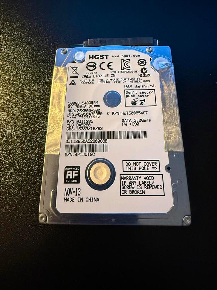 HGST (Hitachi) 500GB • 2.5" HDD (SATA-300) • 5.400rpm, Computers en Software, Harde schijven, Gebruikt, Laptop, Intern, HDD, SATA