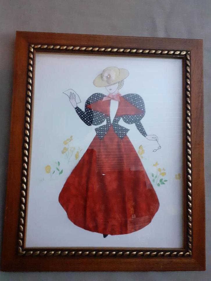 Retro, vintage  modeprent met stof, Antiek en Kunst, Curiosa en Brocante, Ophalen of Verzenden