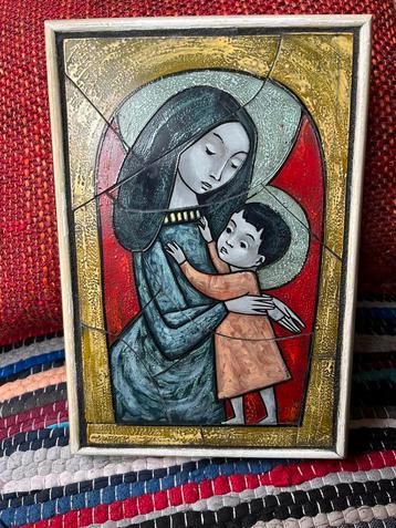 Olieverf - Maria met Kindje Jezus- Tegeltableau in Lijst beschikbaar voor biedingen
