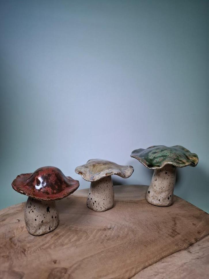 Handgemaakte keramiek paddenstoellen trio., Huis en Inrichting, Woonaccessoires | Overige, Nieuw, Ophalen of Verzenden