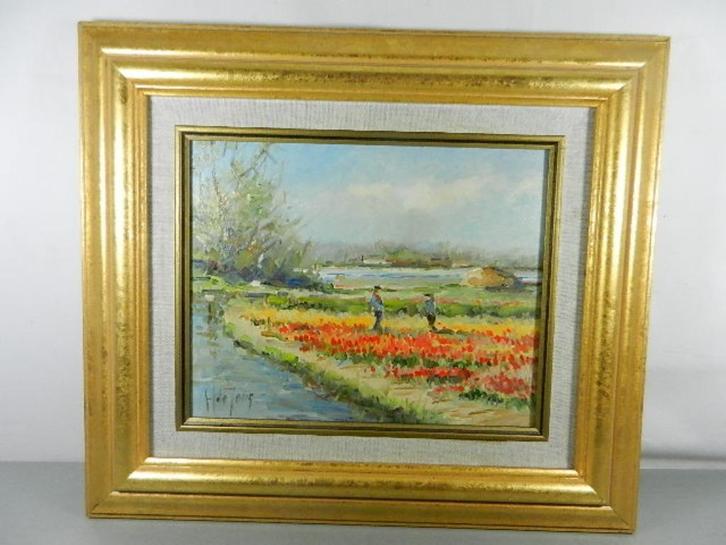 Keukenhof Lisse bollenvelden paneel Hans de Jong, Antiek en Kunst, Kunst | Schilderijen | Klassiek, Ophalen of Verzenden