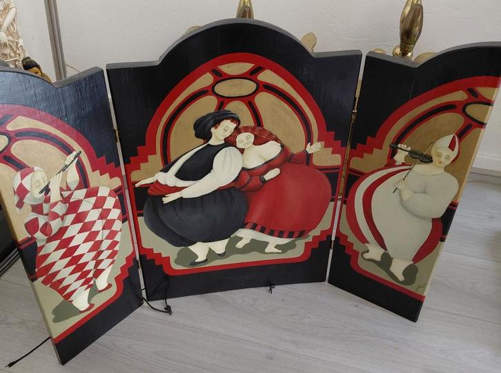 Botero style tuschinsky colors houten drieluik dikke dames., Antiek en Kunst, Curiosa en Brocante, Ophalen