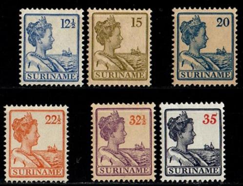 Suriname nr. 89-90, 93, 95 en 98-99 Koningin Wilhelmina post, Postzegels en Munten, Postzegels | Suriname, Postfris, Ophalen of Verzenden