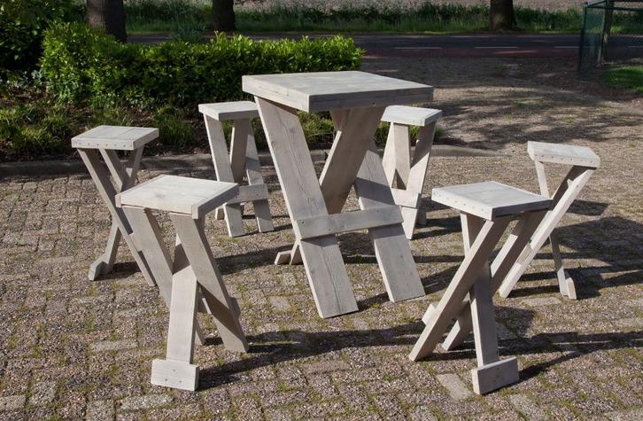 Nieuw steigerhout tafel met 6 krukken inklapbaar, Huis en Inrichting, Tafels | Statafels, Nieuw, Ophalen of Verzenden