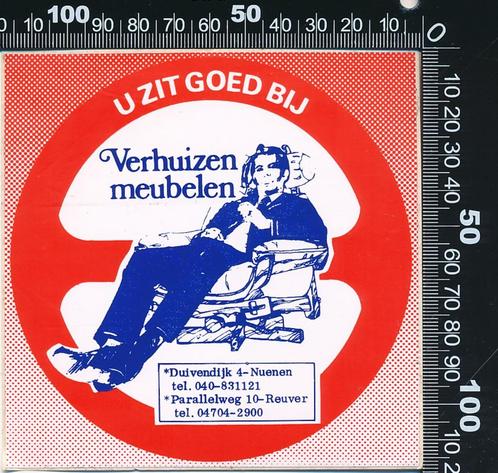 Sticker: Verhuizen Meubelen - U zit goed bij - Nuenen - Reuv, Verzamelen, Stickers, Zo goed als nieuw, Overige typen, Ophalen of Verzenden